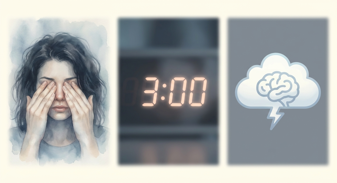 Atypical symptoms triptych: woman rubbing eyes, 3:00 clock, cloud/brain with lightning-notch