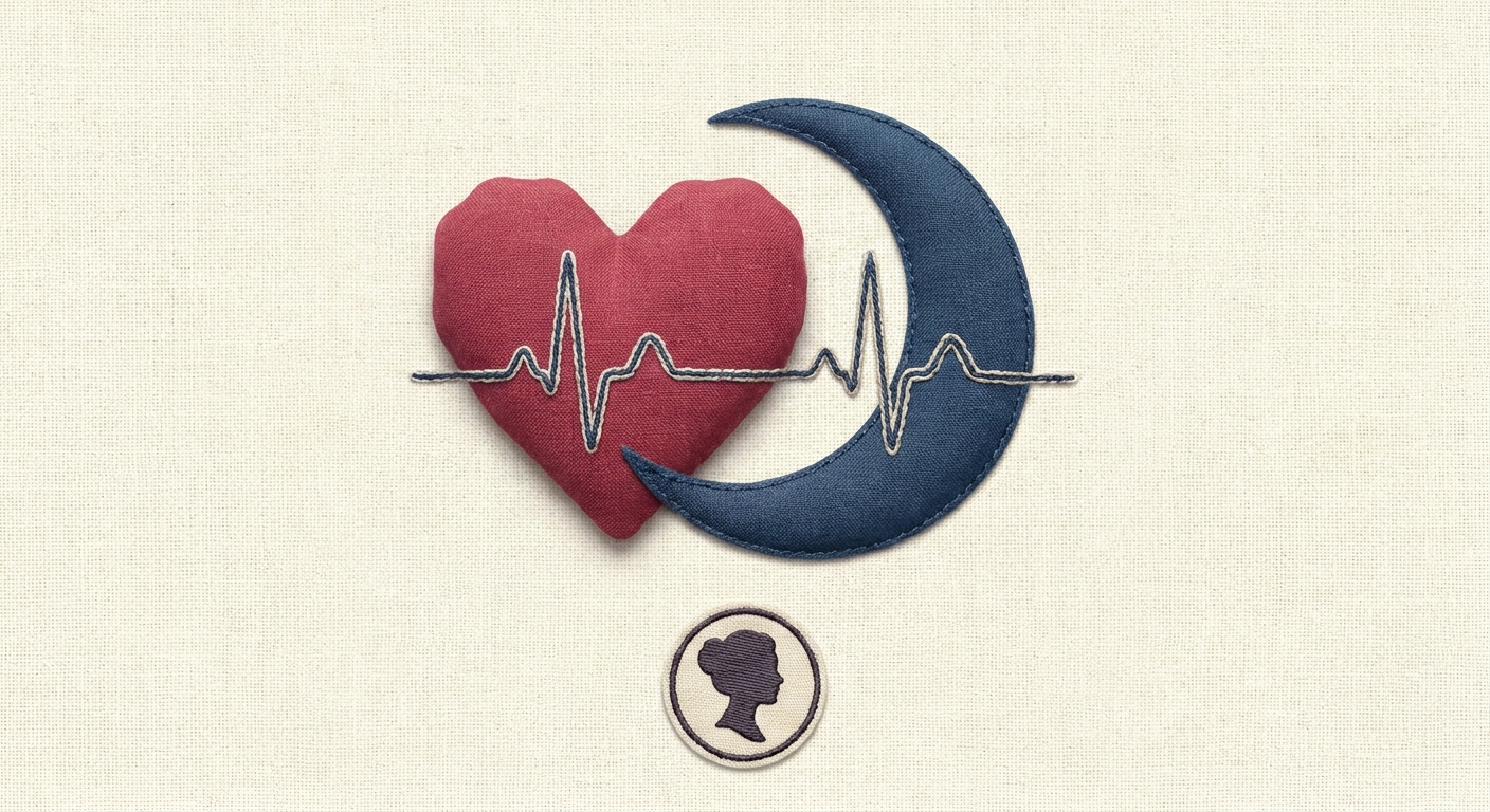 Cardiovascular connection: heart interlocked with crescent moon and pulse line, female badge