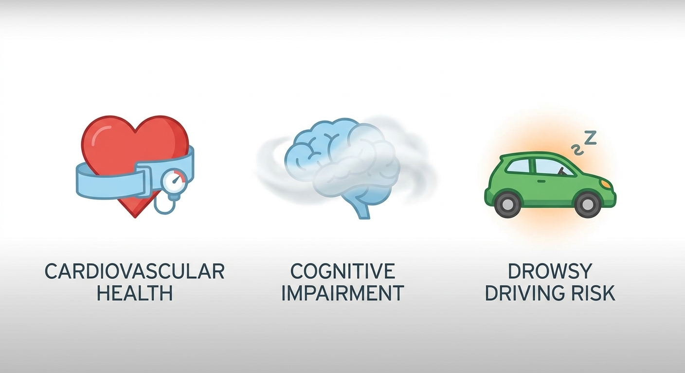 Health impacts icons: heart with BP cuff, foggy brain, and drowsy driver