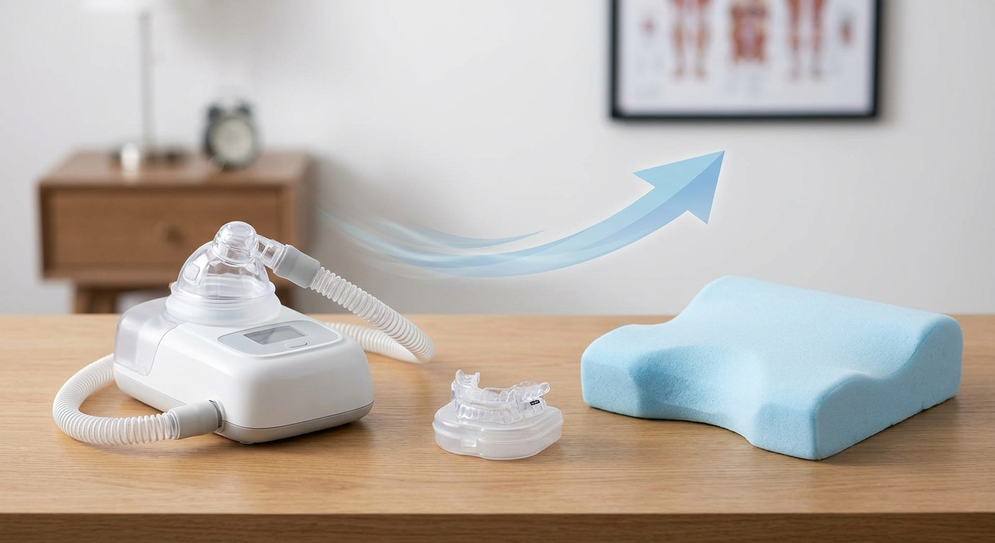 Treatment options: CPAP/APAP, oral appliance, and positional device aligned in a row