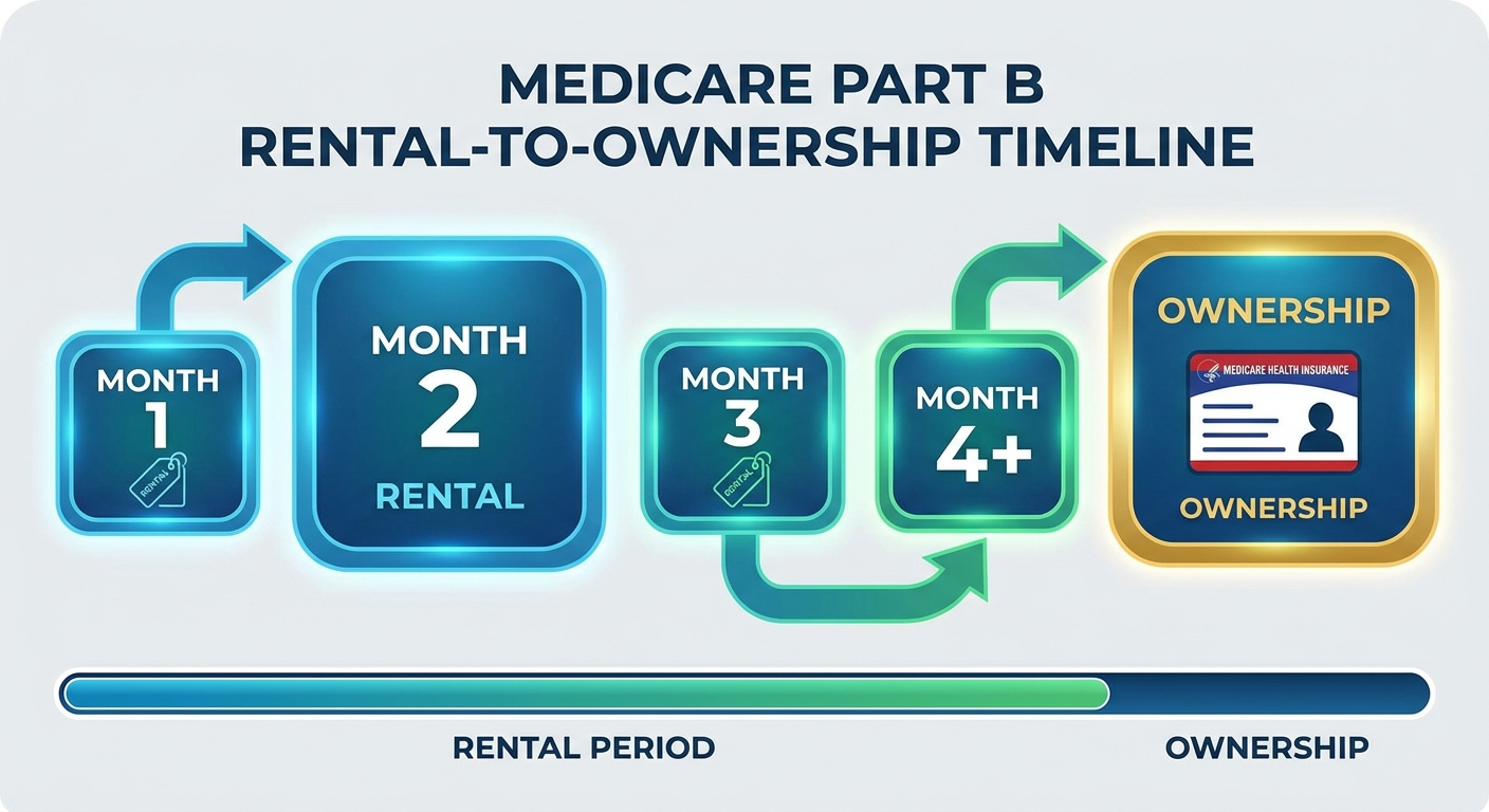 Medicare Part B rental-to-ownership timeline with Medicare card icon