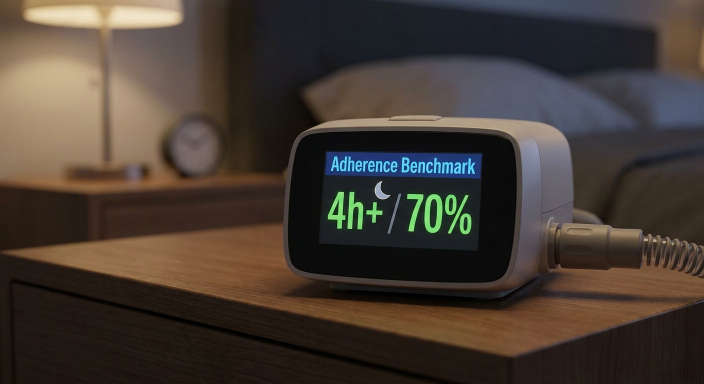 Adherence benchmark illustration: CPAP display showing 4h+ and 70% with a night icon
