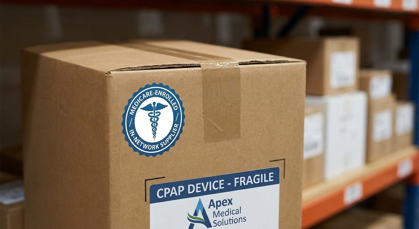 Approved DME supplier concept: CPAP shipping box with Medicare-enrolled and in-network badge