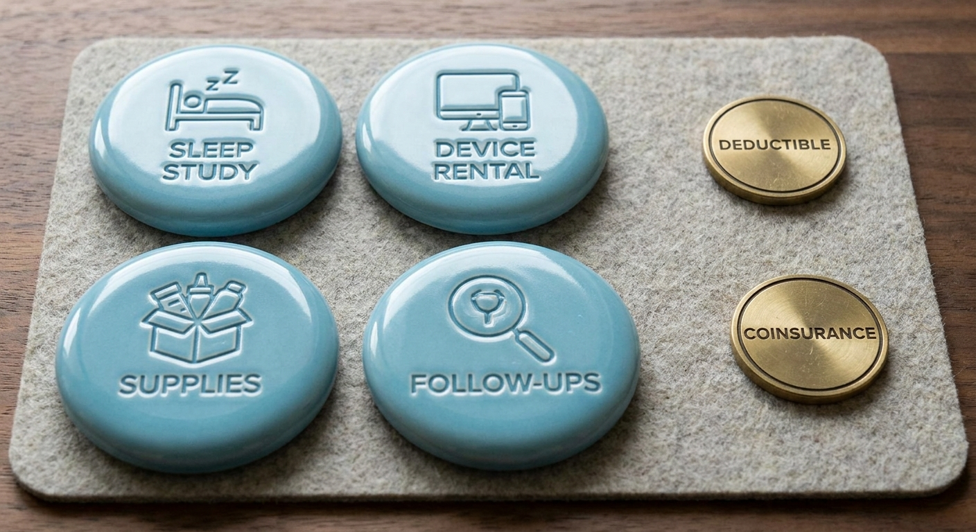 Clean cost components: sleep study, device rental, supplies, follow-ups, deductible, coinsurance