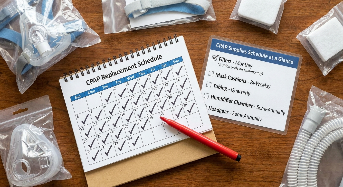 Replacement supplies schedule at a glance with CPAP parts and calendar