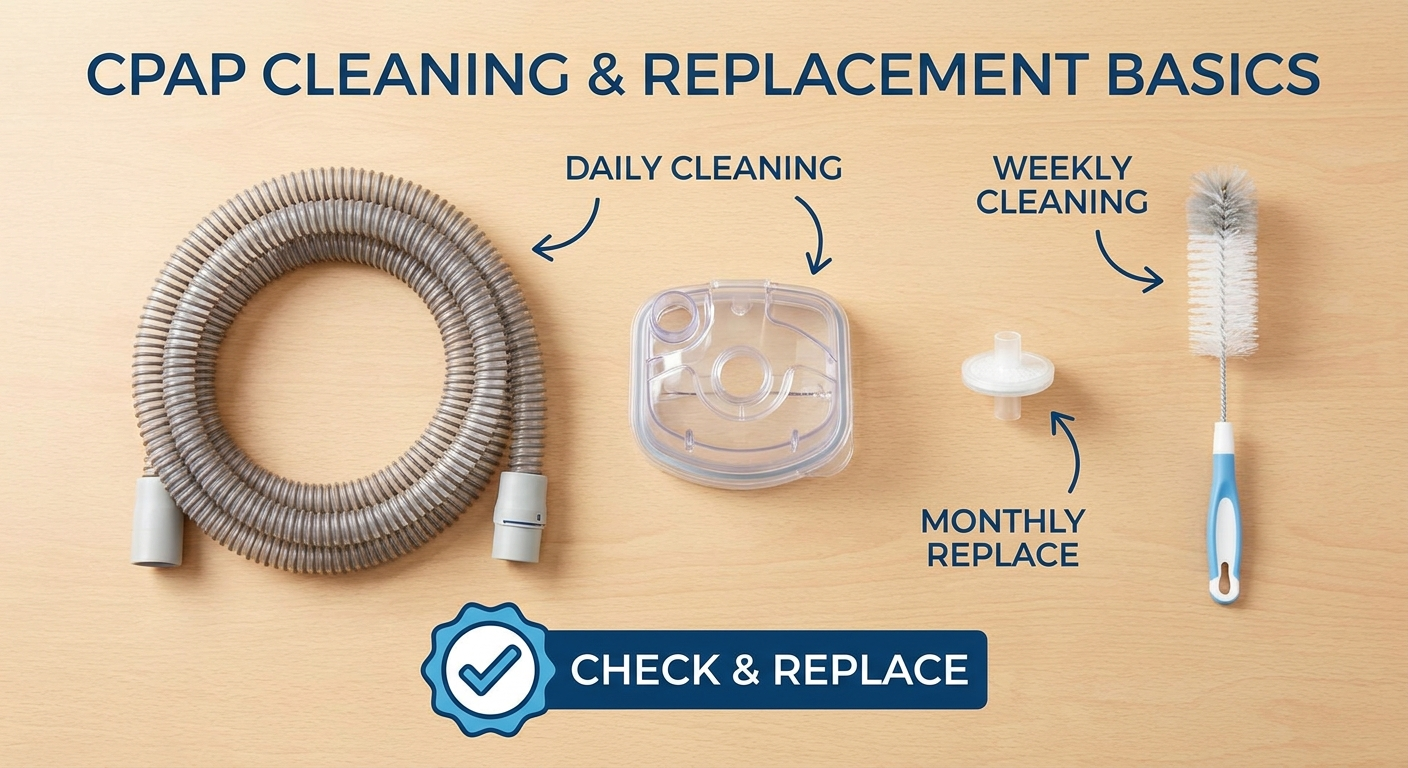 Cleaning and replacement basics: CPAP tubing, water chamber, filter, and soft brush with a check badge