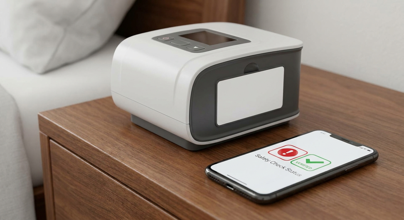 Recall safety check: generic CPAP device with removable label and phone showing alert and check icons