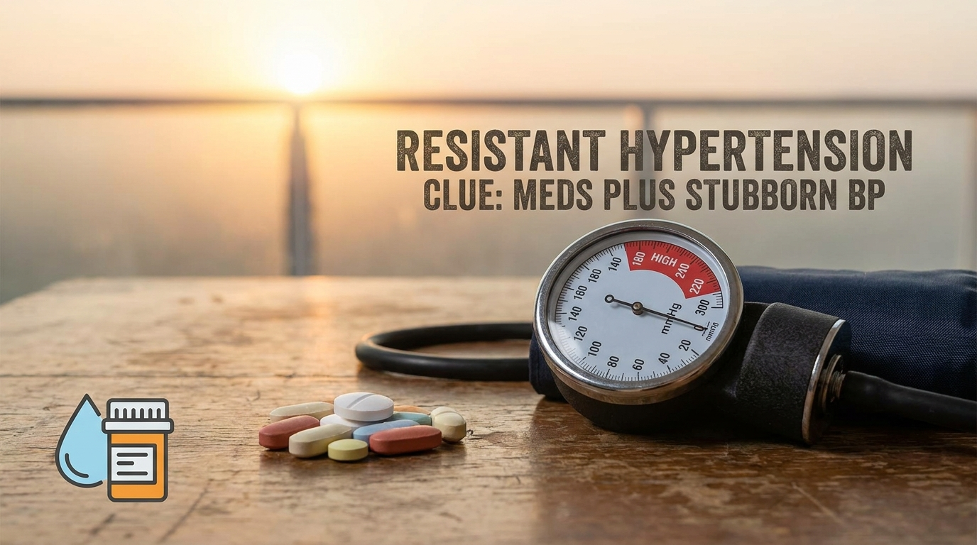 Resistant hypertension: high BP cuff with pills indicating stubborn blood pressure