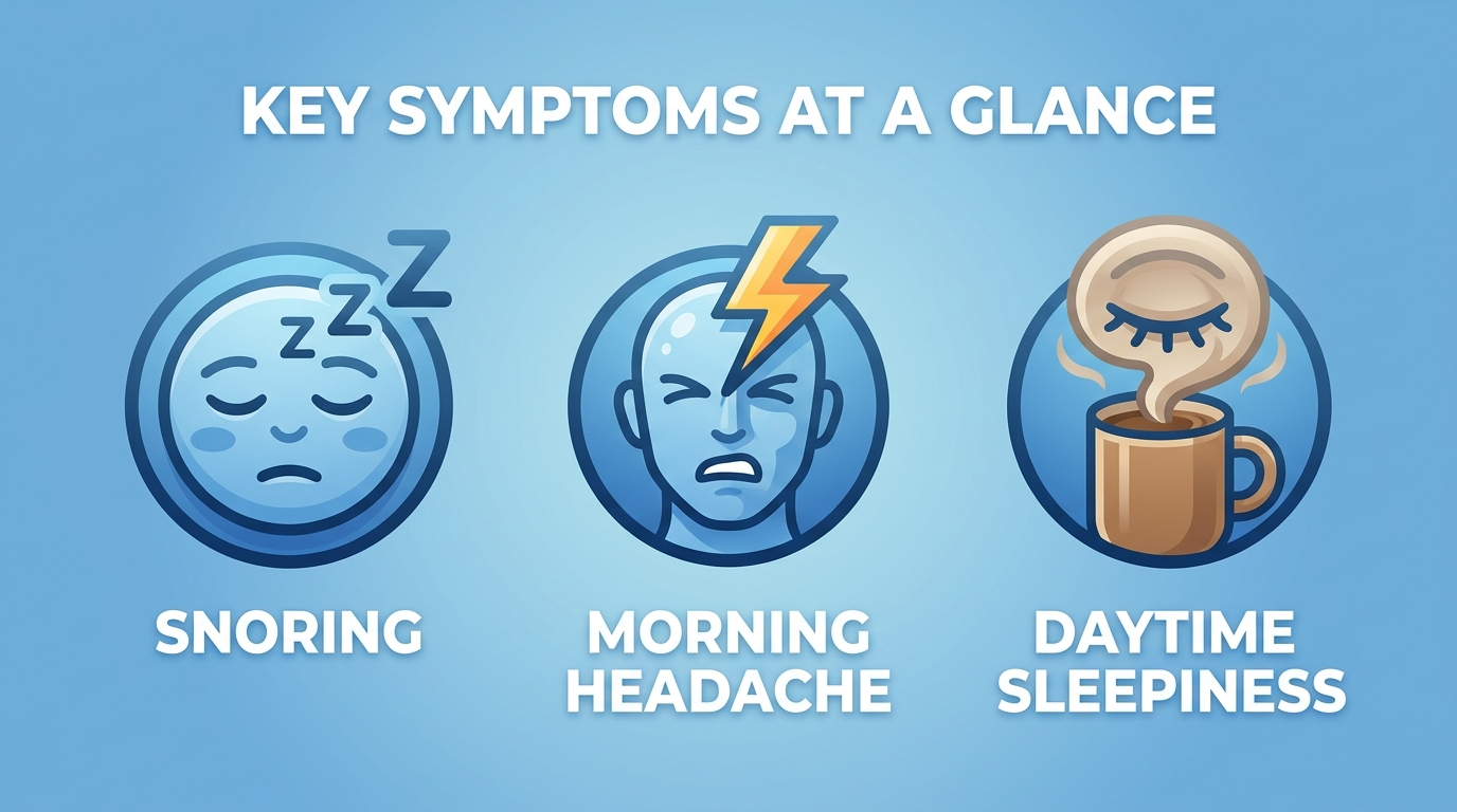 Key sleep apnoea symptoms: snoring, morning headache, daytime sleepiness icons