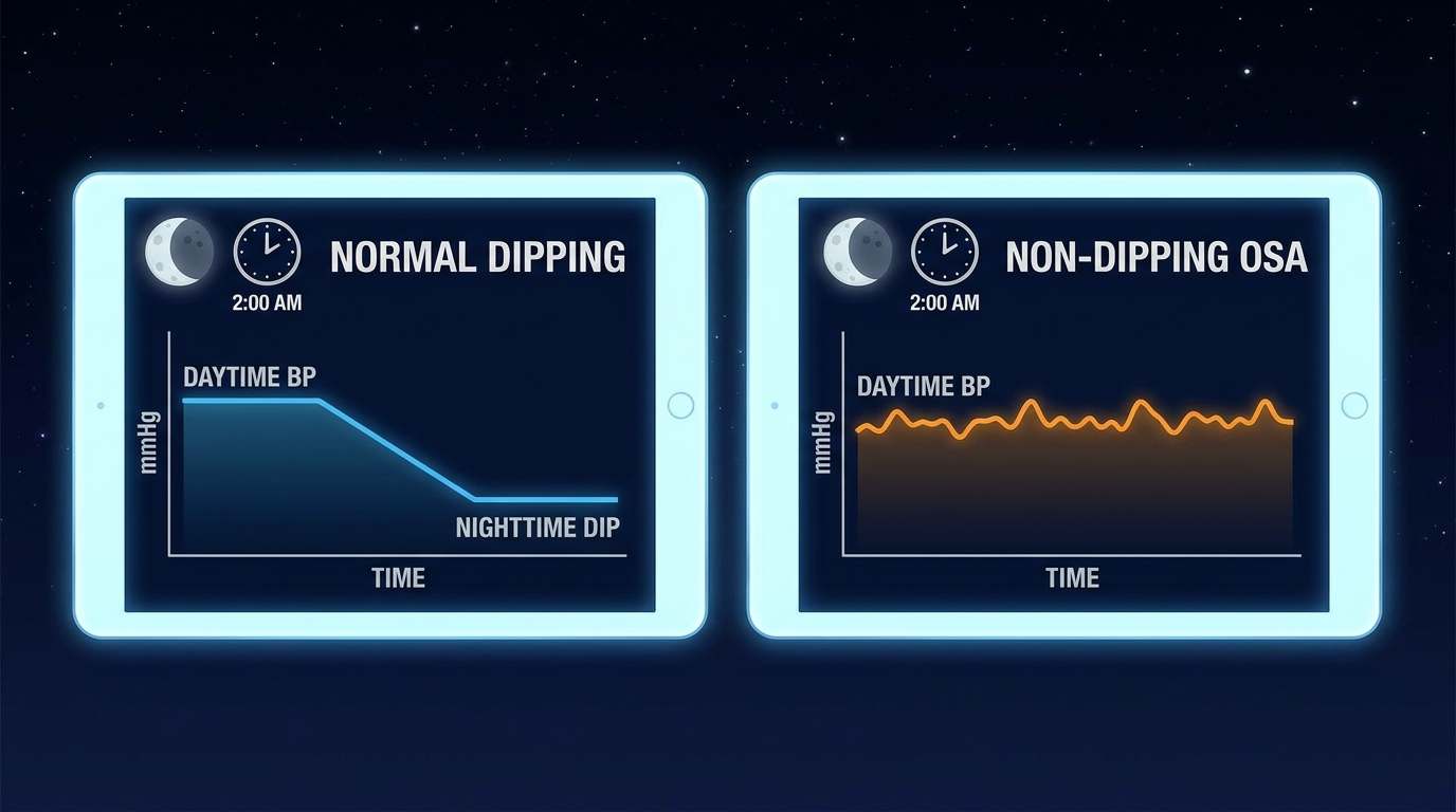 Nighttime blood pressure patterns: normal dipping vs non-dipping in OSA