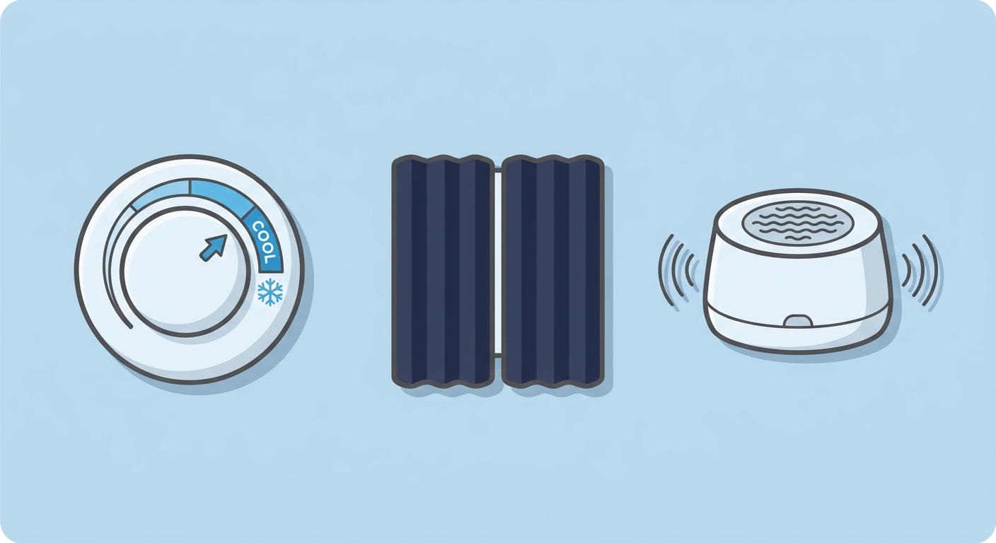 Sleep-friendly bedroom cues: cool thermostat, blackout curtain, white noise machine