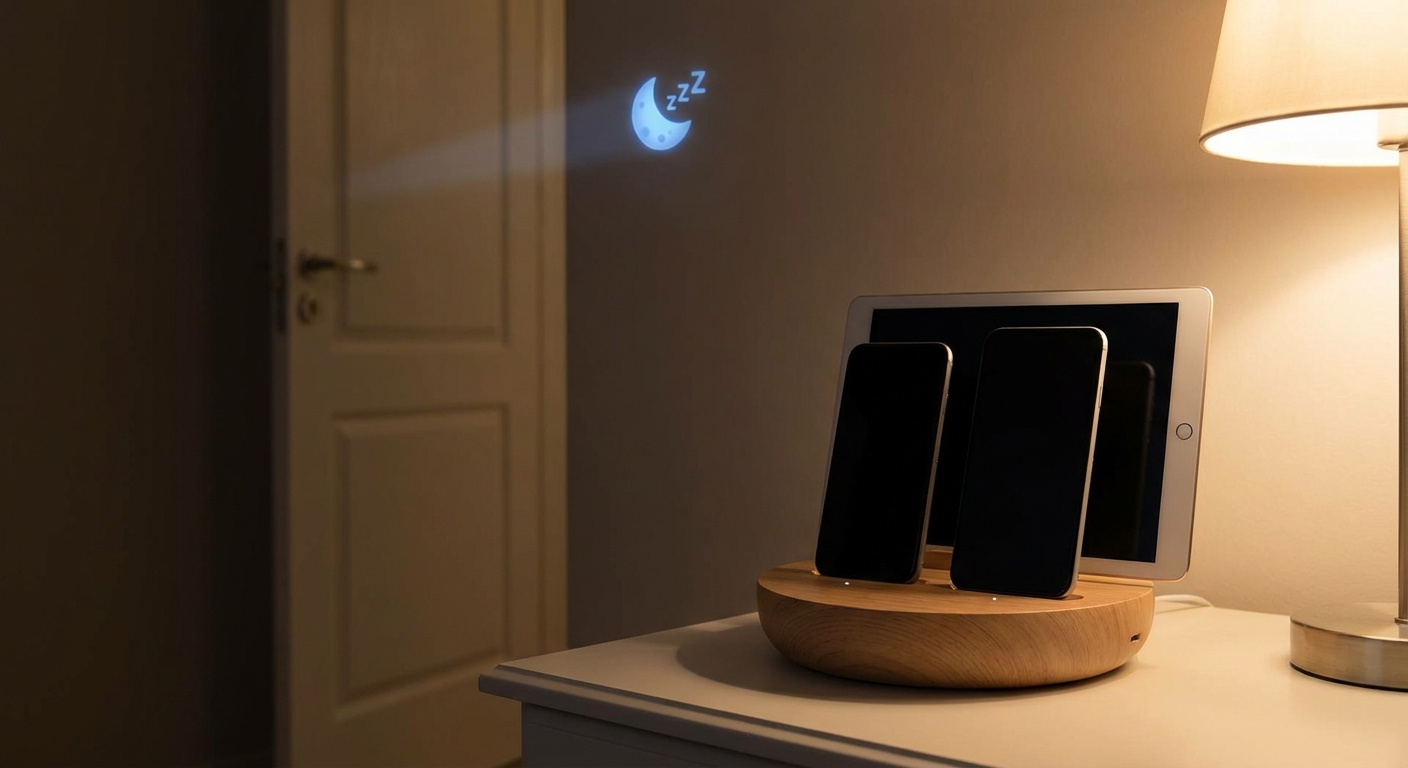 Screen-light boundaries with family charging station and devices off outside bedroom