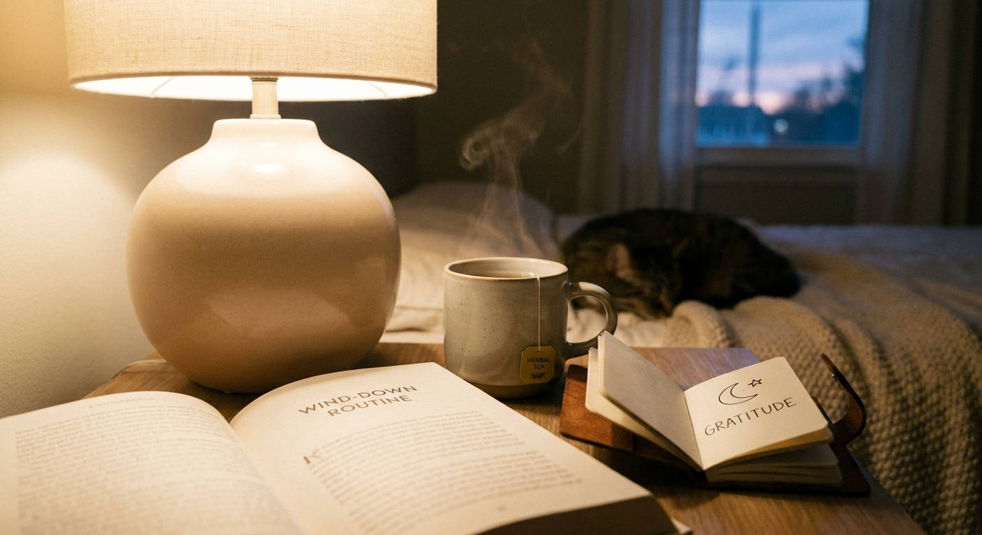 Wind-down routine bedside vignette with lamp, book, mug, and notebook
