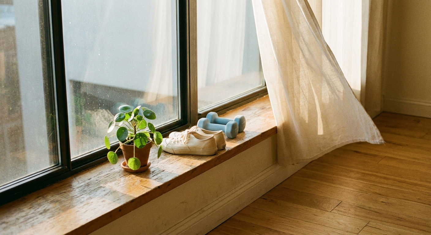 Morning light through window with plant, sneakers, and dumbbells