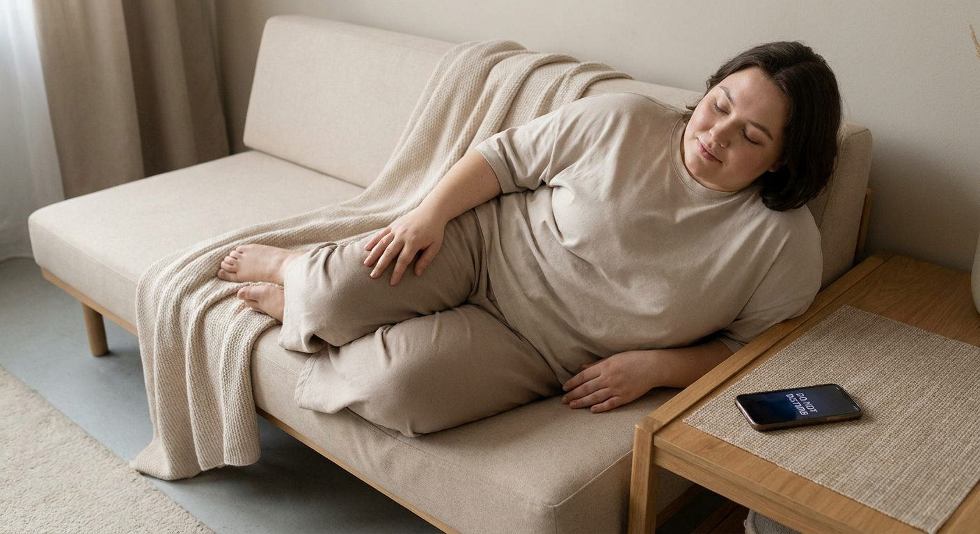 Quiet rest: person reclined with eyes closed and a phone on Do Not Disturb
