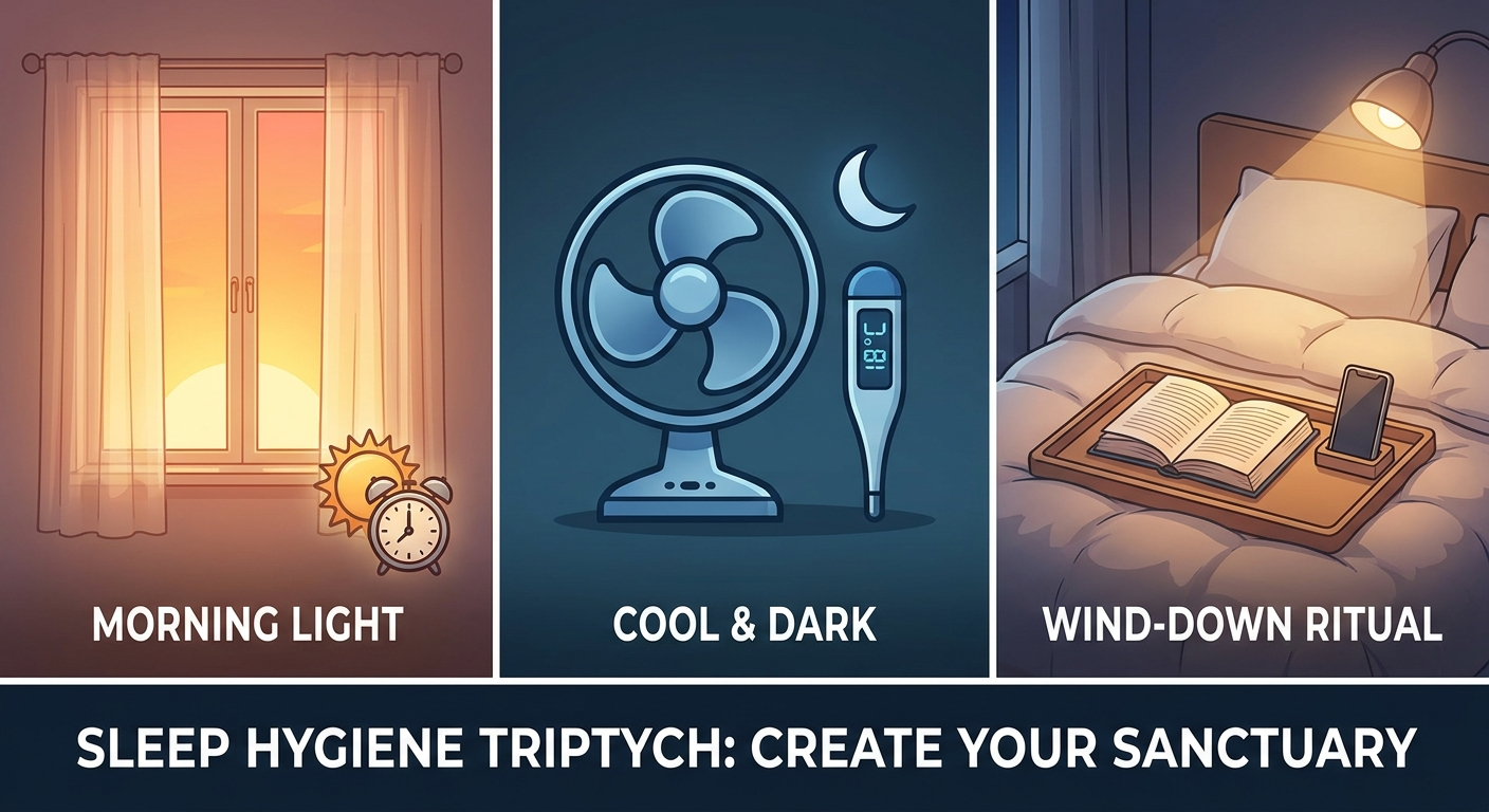 Sleep hygiene basics: morning light, cool room, tidy bed with book and phone tray