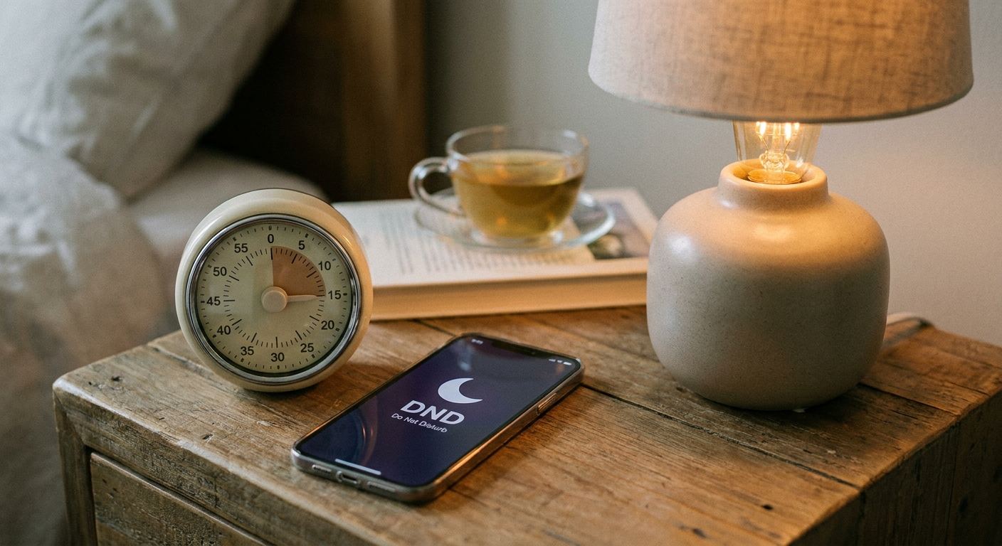 Rest toolkit: timer, phone with DND icon, dimmable lamp at low brightness