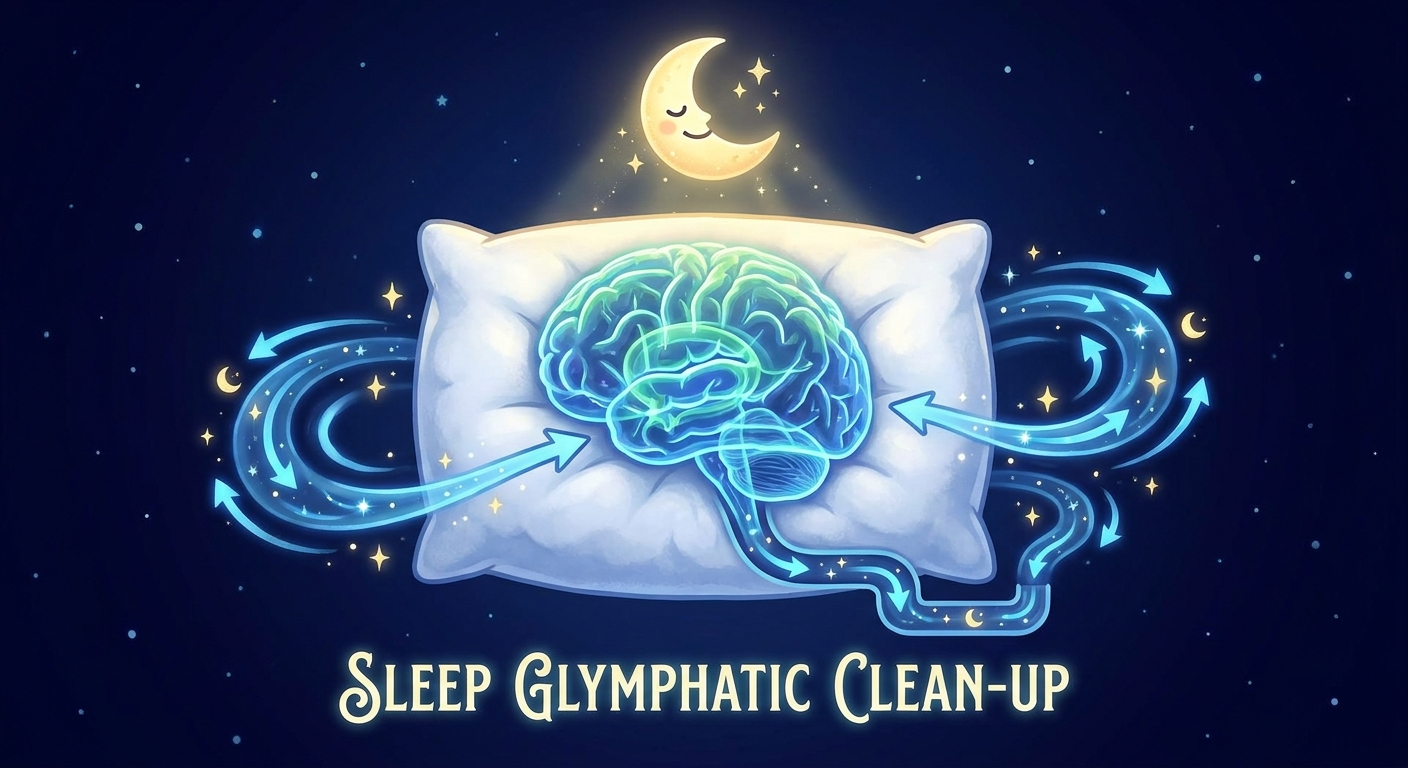 Sleep glymphatic clean-up: brain on a pillow with glowing arrows and a moon