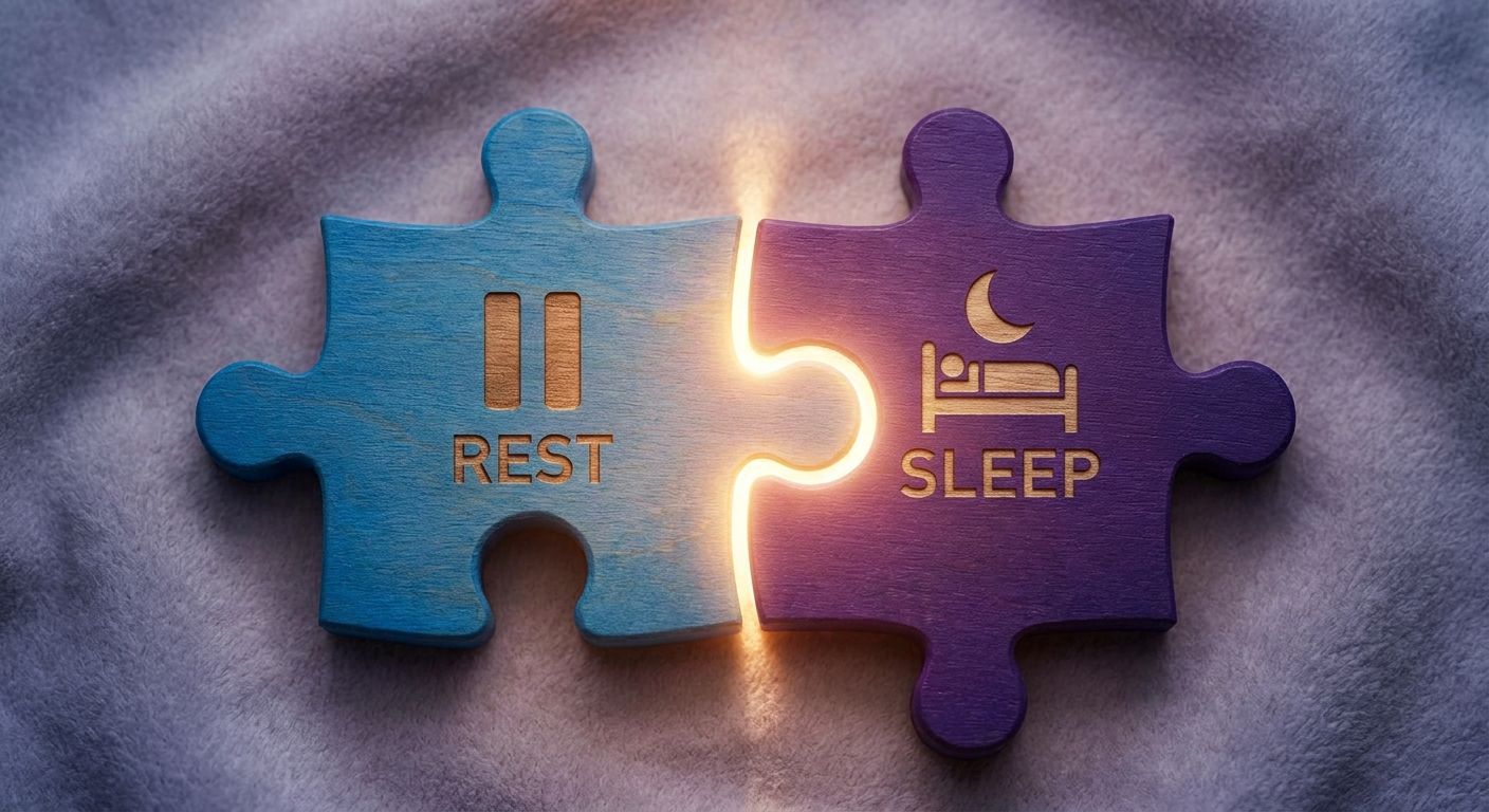 Interlocking Rest + Sleep concept: pause and moon/bed icons as puzzle pieces