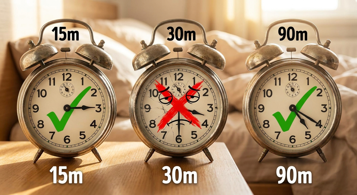 Best nap lengths—three rounded alarm clocks labeled 15m, 30m, and 90m
