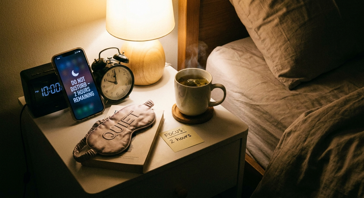 Two-hour night toolkit—Do Not Disturb phone, alarm clock, and sleep mask by the bed