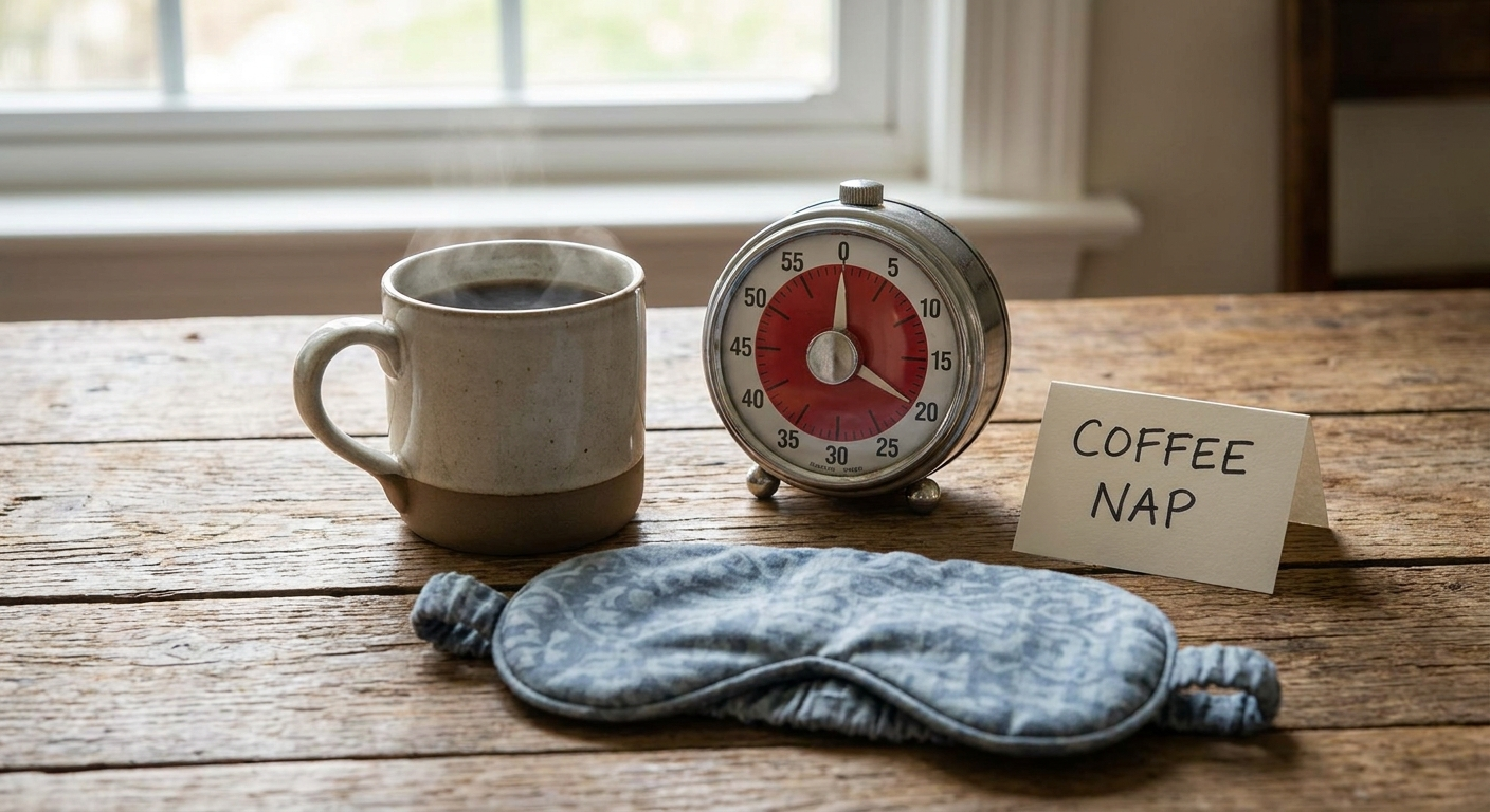 Caffeine timing and coffee nap still life with mug, timer, sleep mask