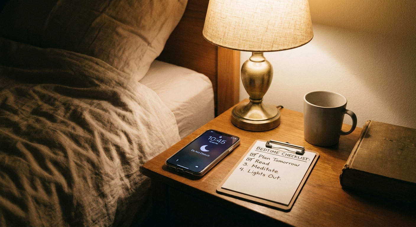 Night-before routine with warm light, phone on Do Not Disturb, checklist