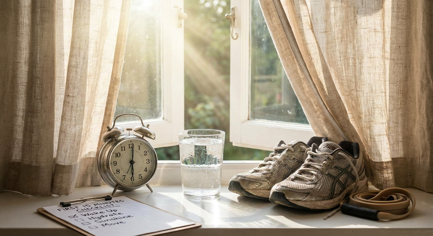 First 15 Minutes checklist: alarm clock, sunlight, water, movement