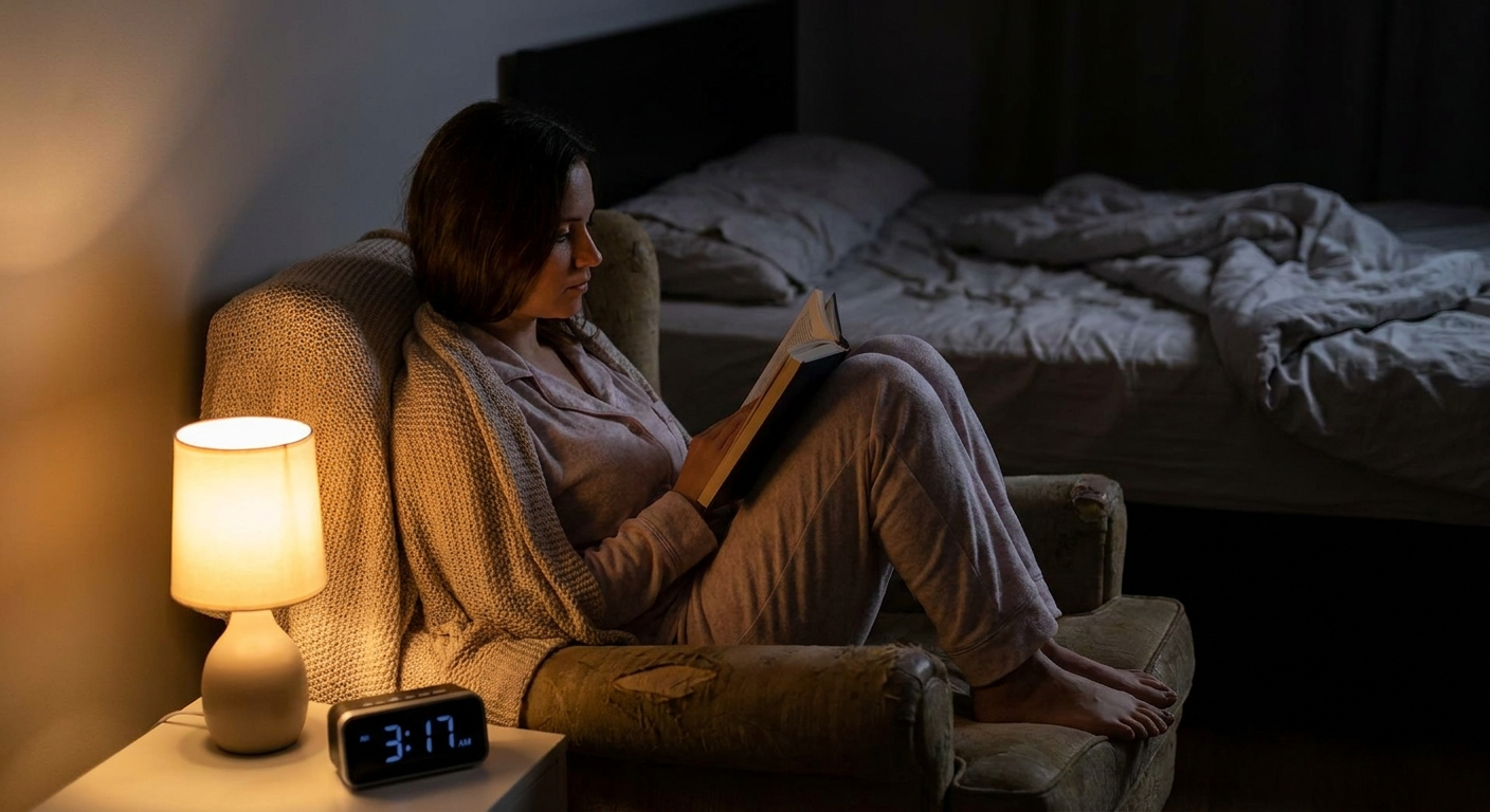 Stimulus control at 2–4 a.m.: get out of bed briefly, low light, calm reading in a chair with bed in background