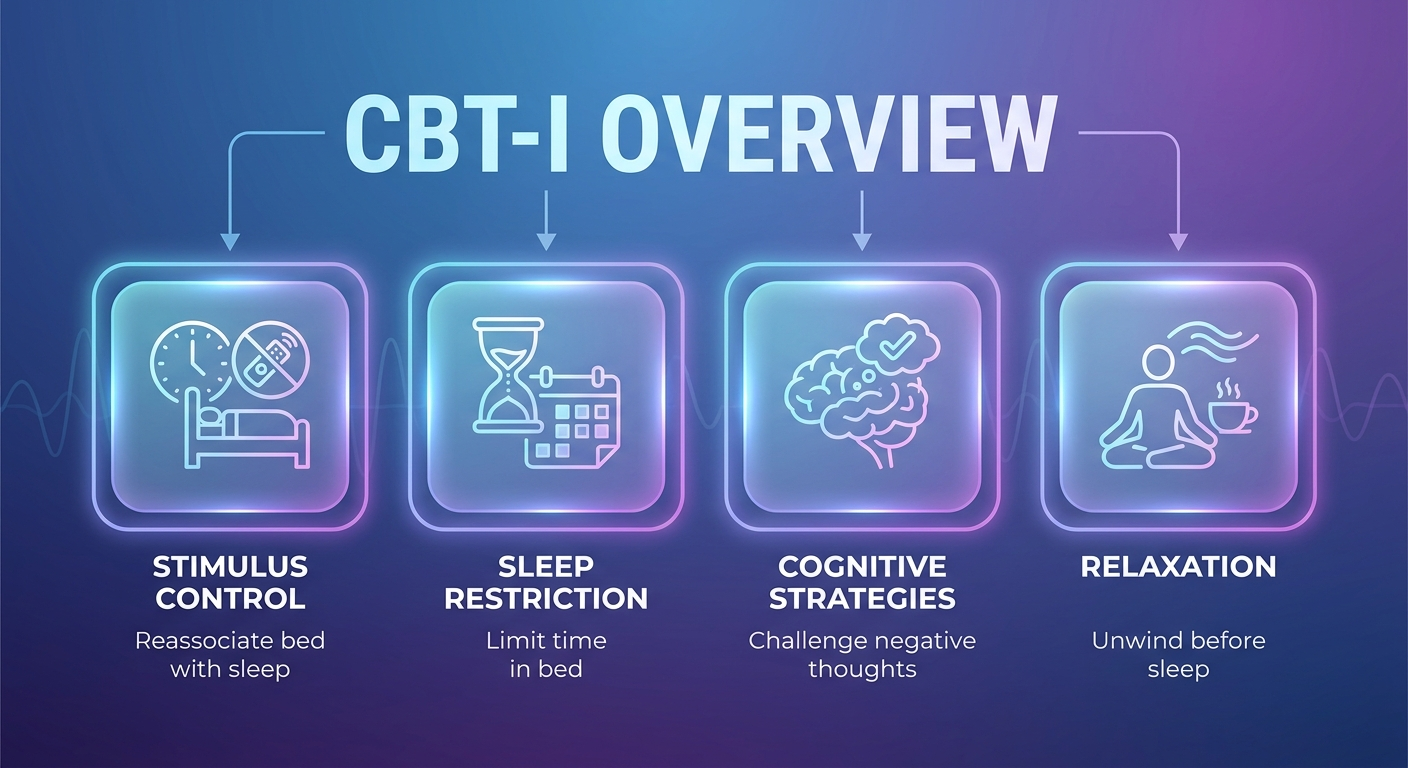 CBT-I overview with icons for stimulus control, sleep restriction, cognitive strategies, and relaxation