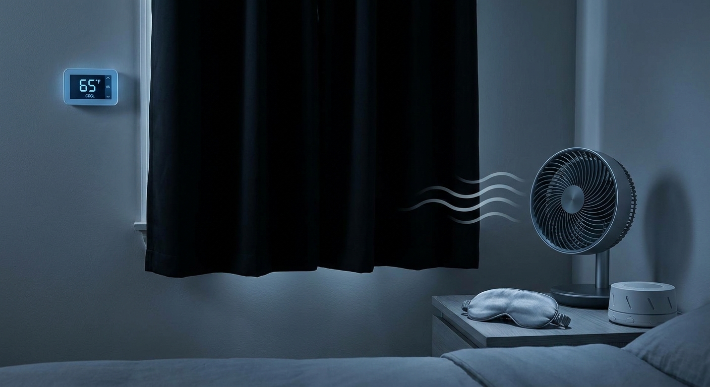 Bedroom setup emphasizing cool, dark, quiet with thermostat, blackout curtain and eye mask, and fan/sound waves
