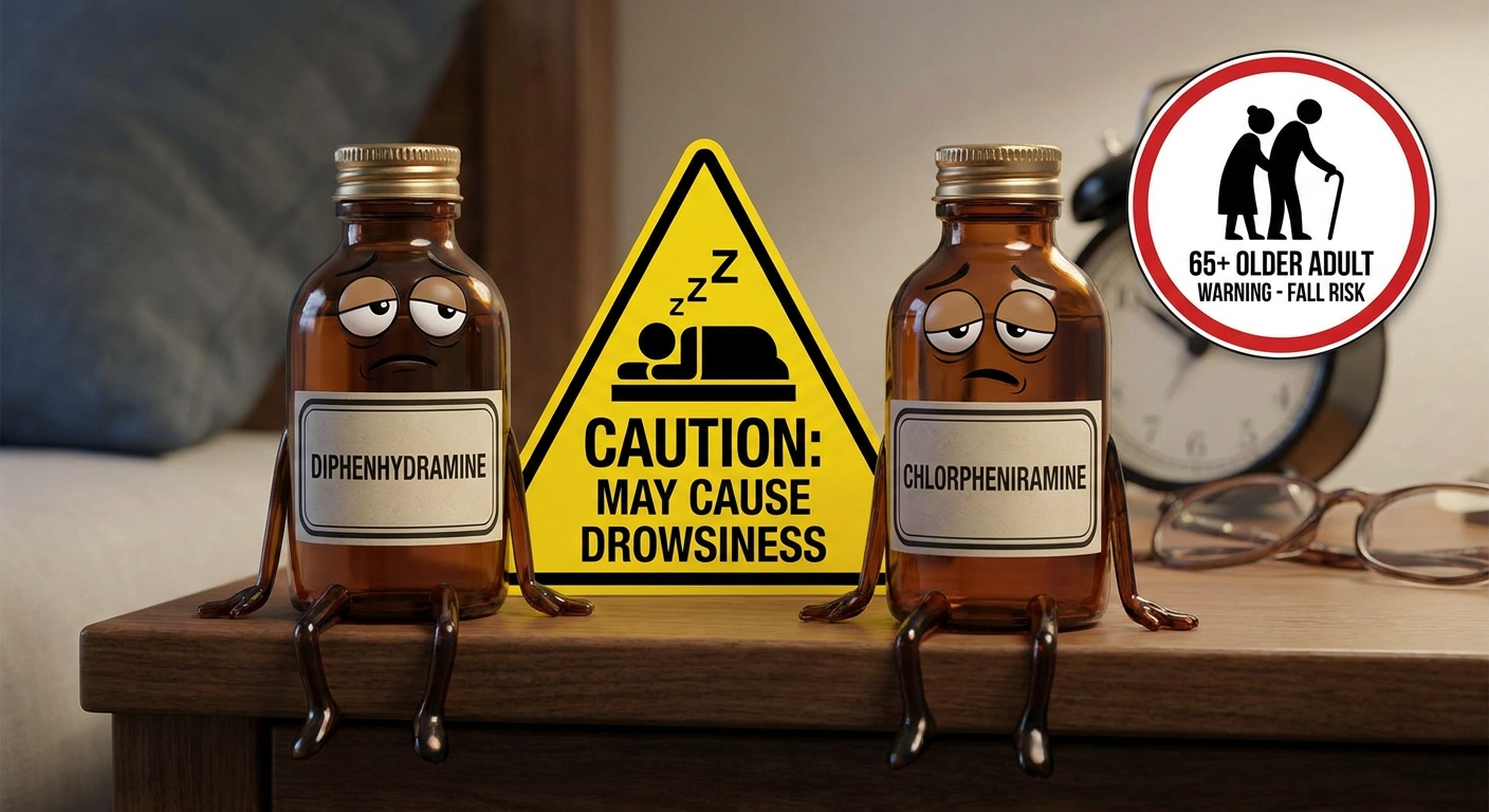 First-generation antihistamines caution: sleepy bottles with caution triangle and 65+ warning badge