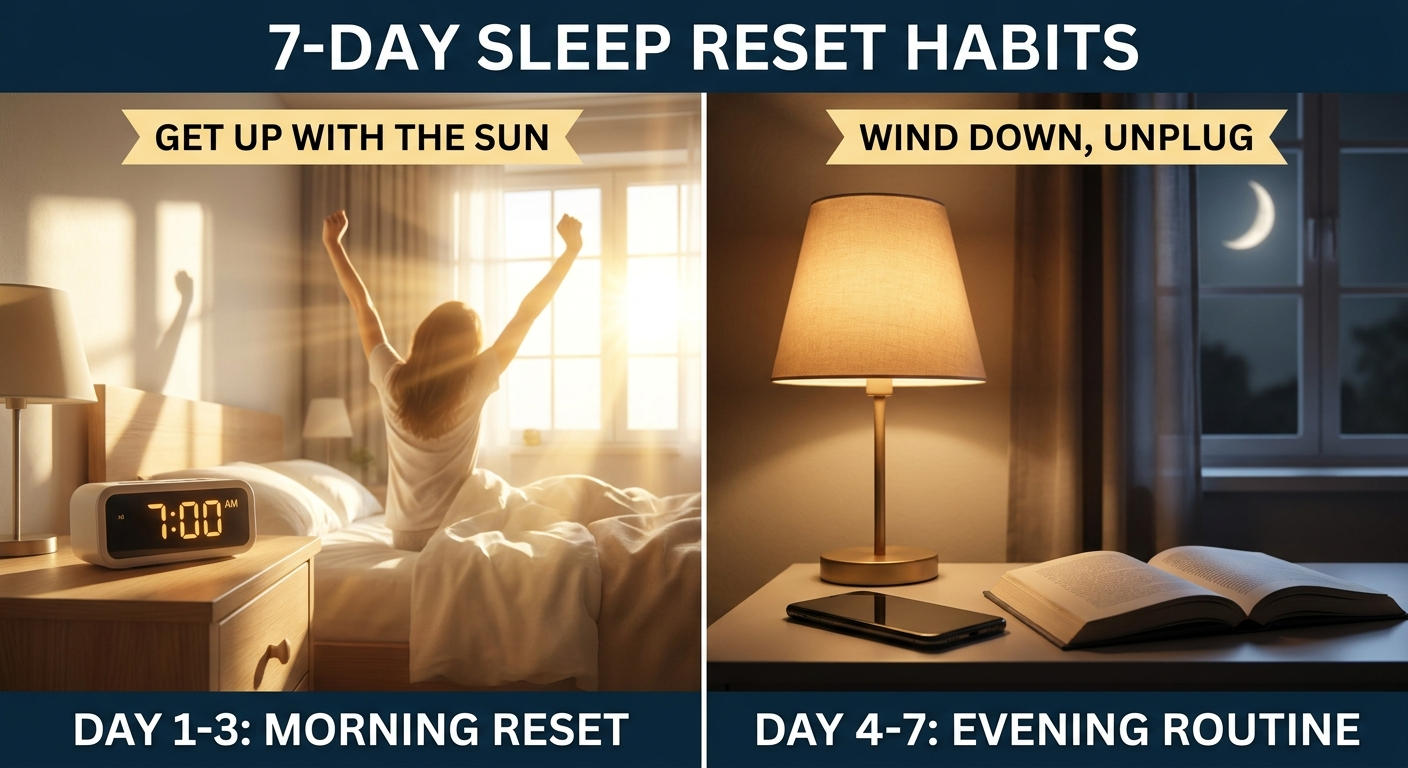 7-day sleep reset habits split-scene: morning sun and alarm clock; dim evening lamp, face-down phone, moonlit window