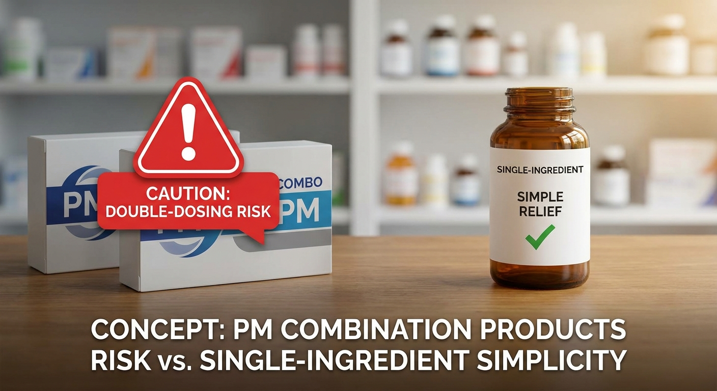 PM combination products risk: overlapping PM boxes with double-dosing warning and a single-ingredient bottle for safer simplicity