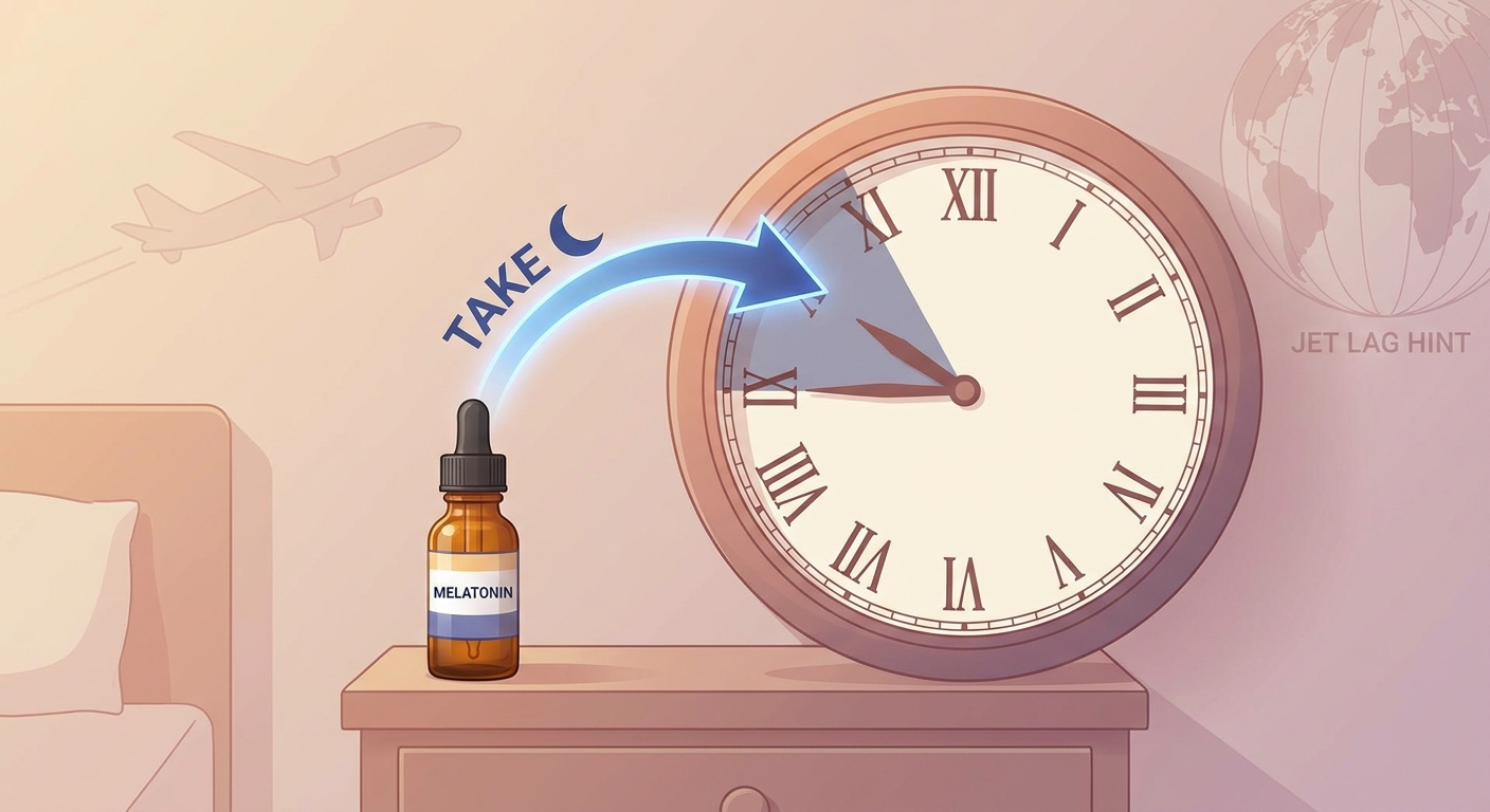 Melatonin timing cue: clock, melatonin bottle, arc arrow showing pre-bed timing with subtle jet lag hint