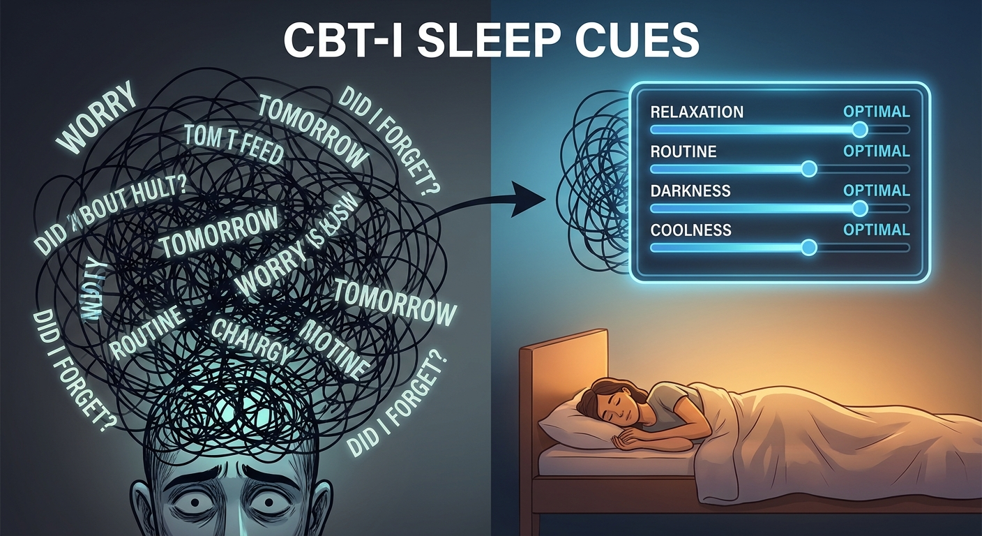 CBT-I sleep cues: messy racing thoughts transforming into organized sliders above a resting bed