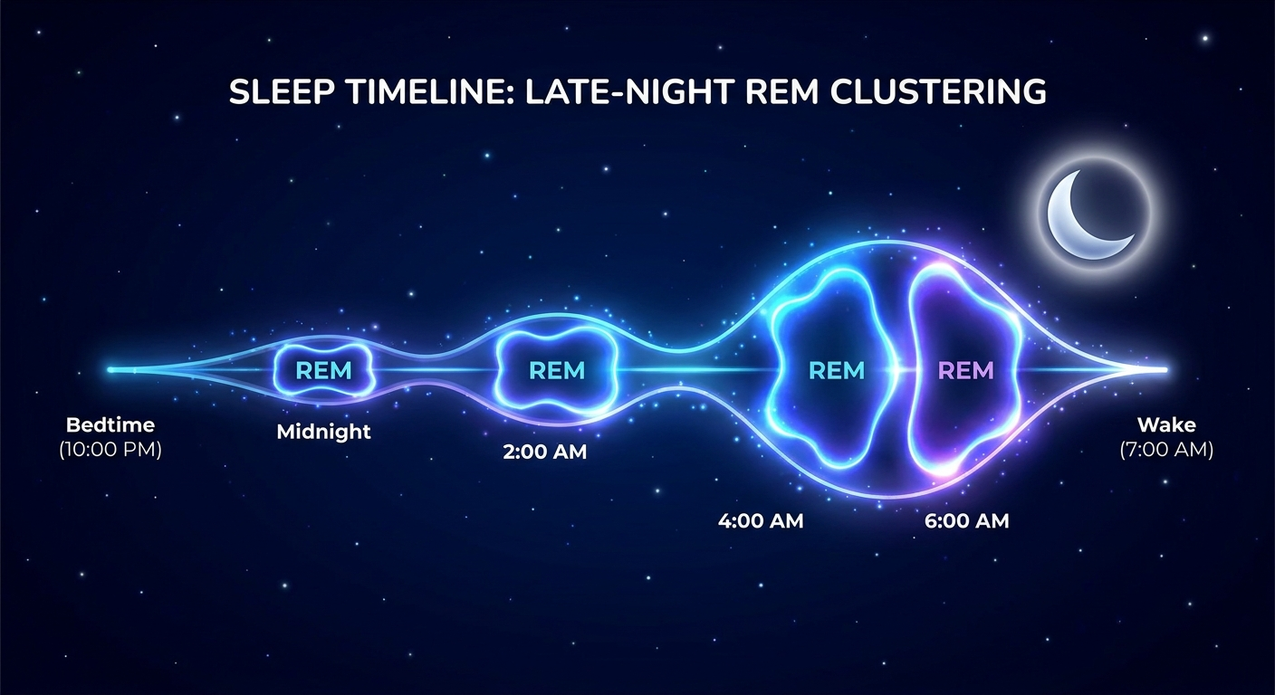 Sleep timeline with REM clustering later in the night