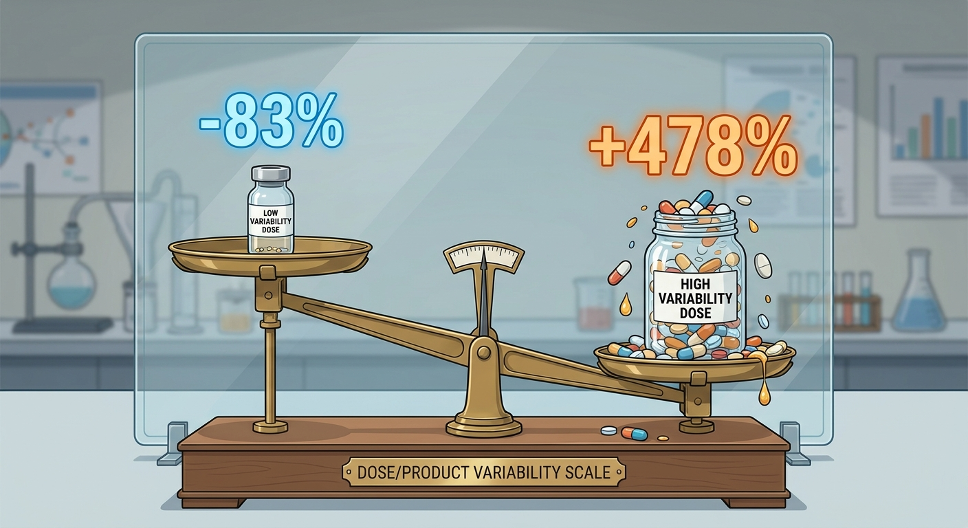 Balance scale illustrating melatonin dose variability from -83% to +478%