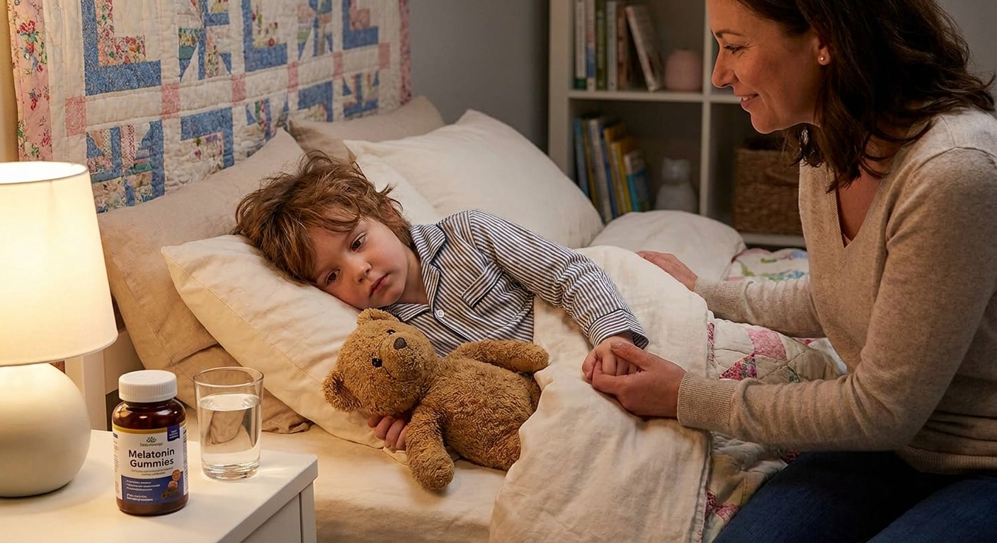 Child in bed with teddy bear, caregiver offering reassurance, melatonin bottle nearby
