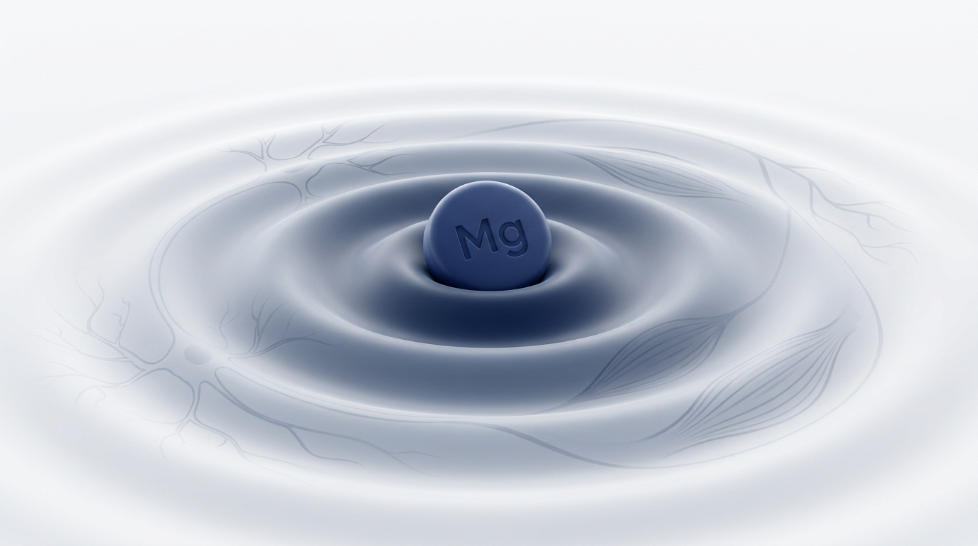 Magnesium relaxation physiology: Mg tablet sinking into soft waves, calming ripples
