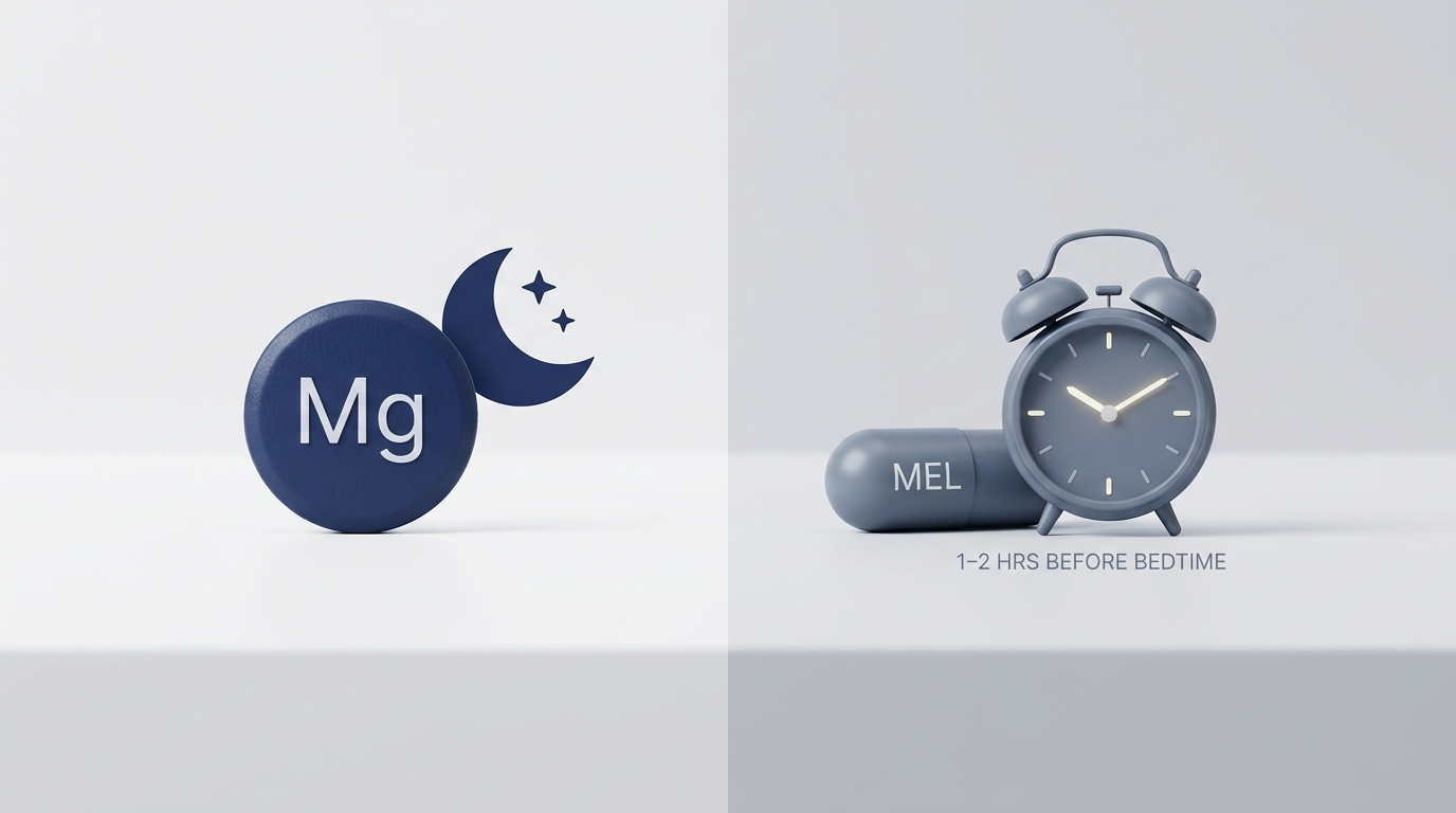 Practical dosing and timing: evening Mg tablet with moon, MEL capsule with mini clock 1–2h before bed