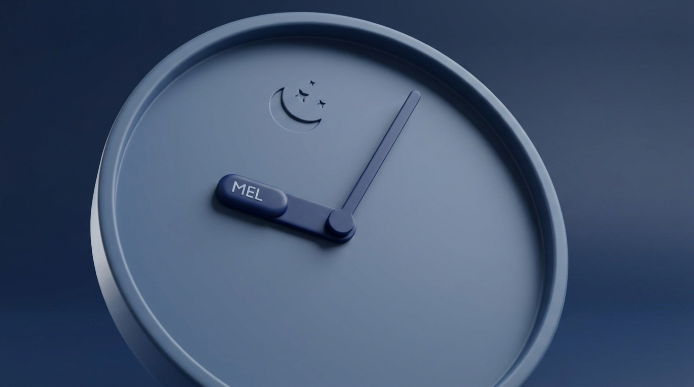 Melatonin circadian timing: capsule nudging a clock hand earlier with moon and stars