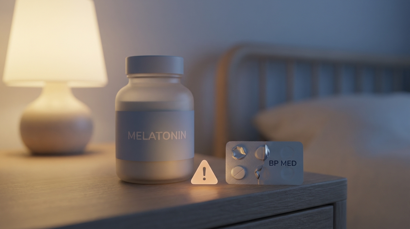 Melatonin bottle and BP med pack with a gentle caution triangle between them