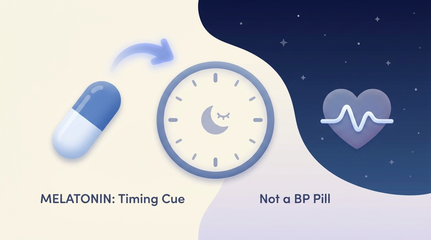 Melatonin capsule pointing to a clock with a calm night-time heart icon