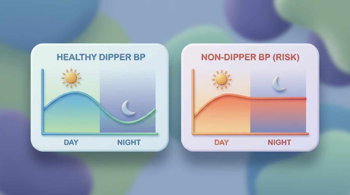 Day vs. Night BP pattern: dipper vs. non-dipper charts with sun and moon icons