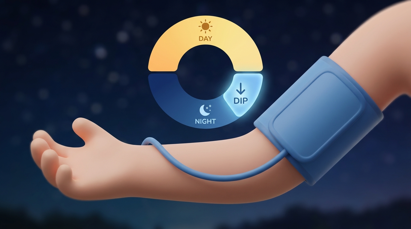 24-hour ambulatory BP cuff with day-night dial showing a nighttime dip