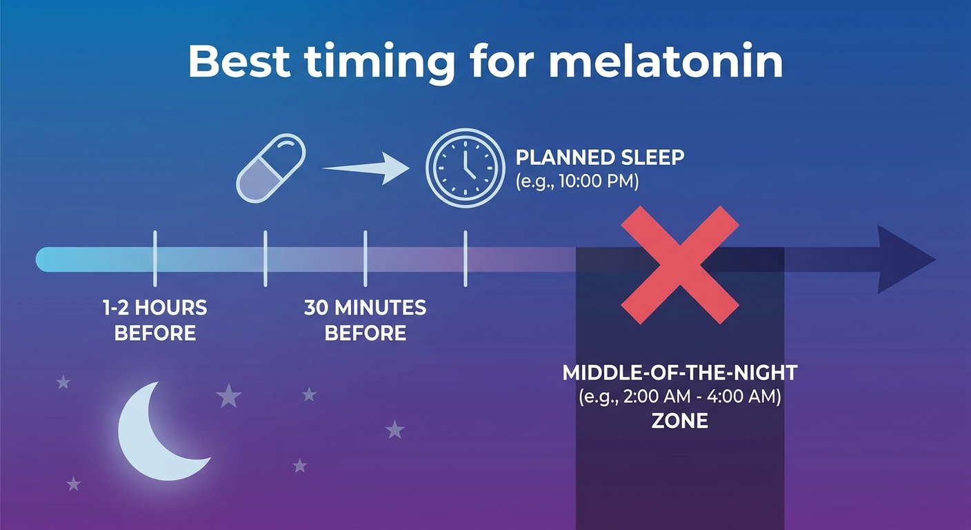 Best timing: take 30–120 minutes before planned sleep; avoid middle-of-the-night dosing
