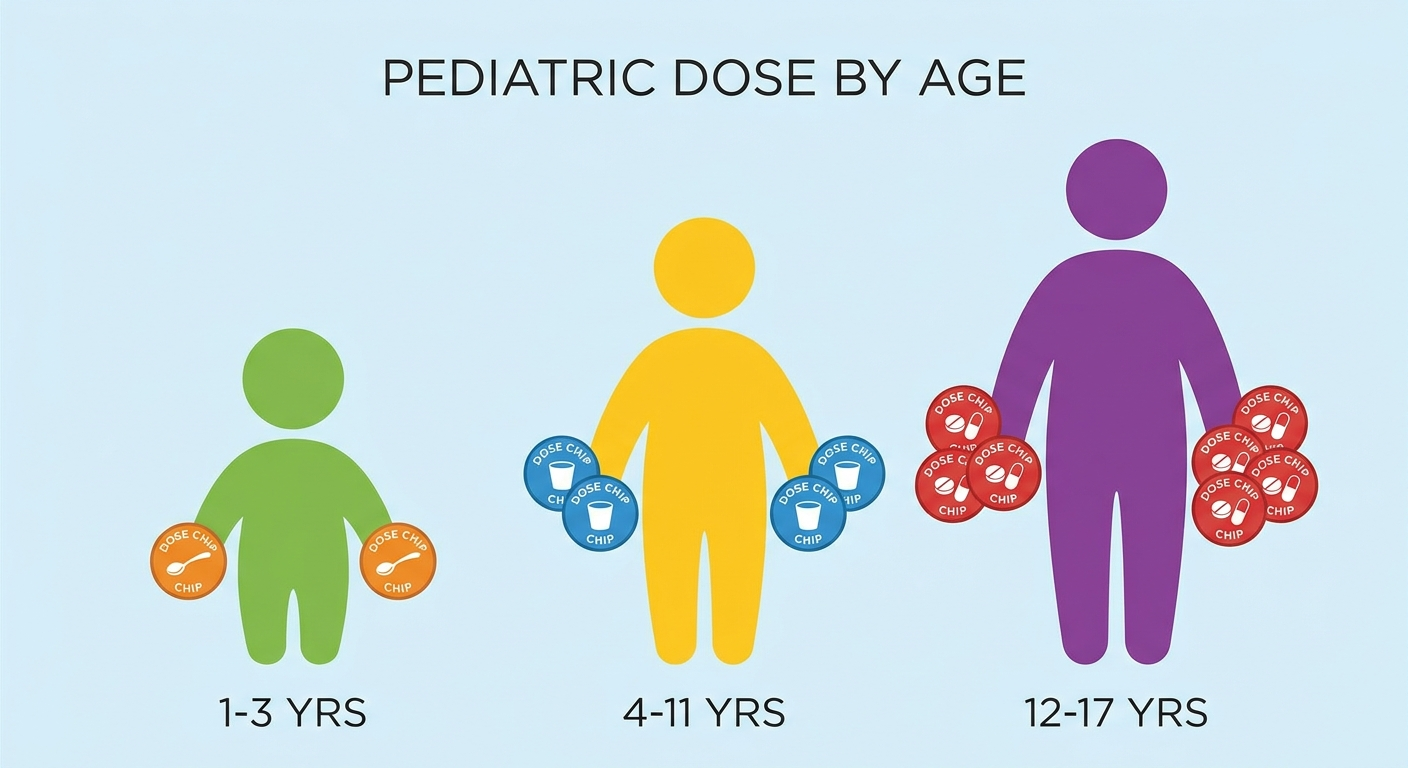 Pediatric dosing by age: toddler, school-age, teen silhouettes with dose chips