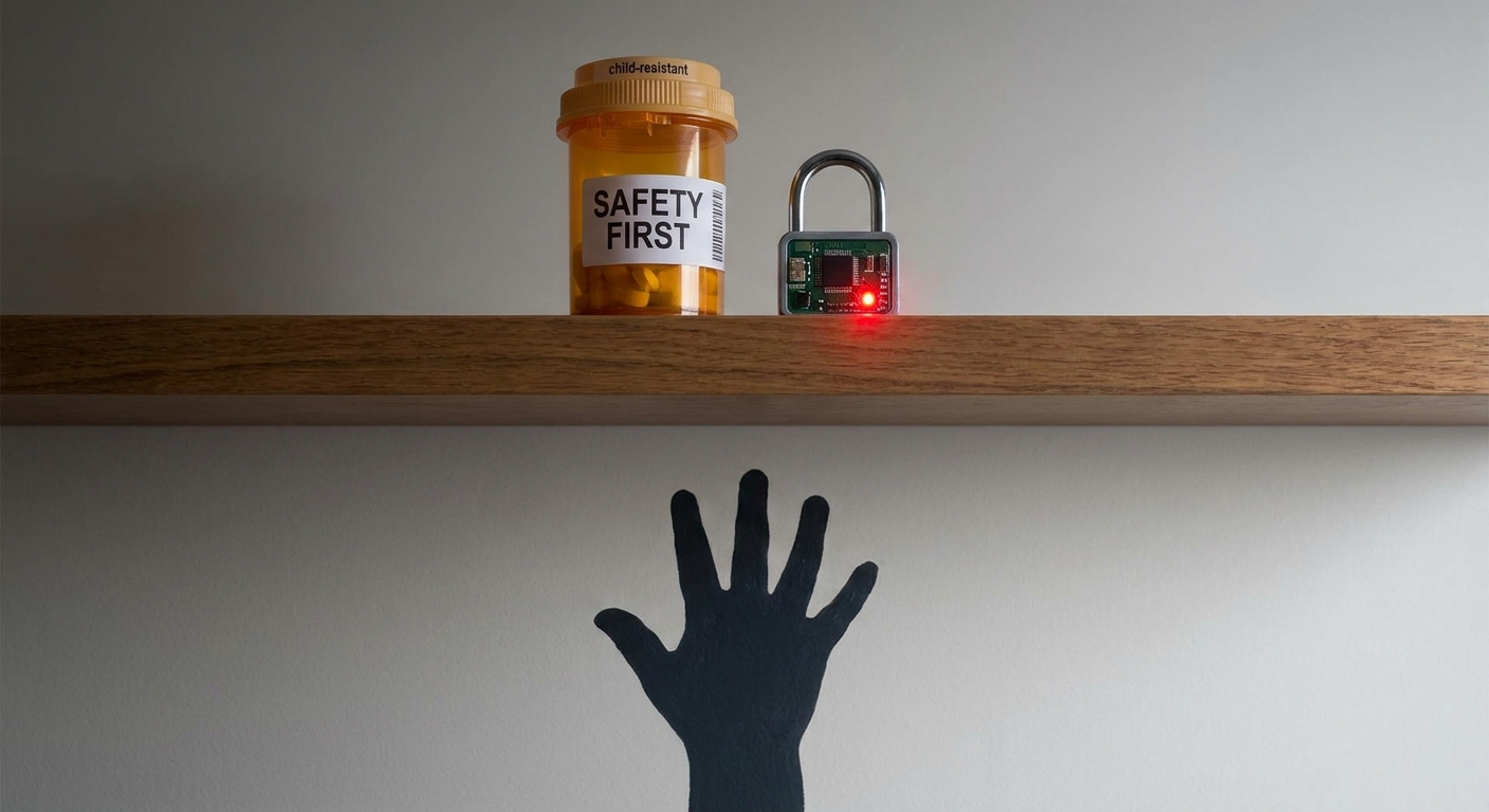 Safety first: child-resistant bottle on high shelf with lock