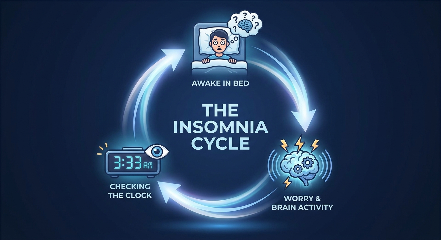 The insomnia cycle: awake in bed, worry, and clock-checking loop